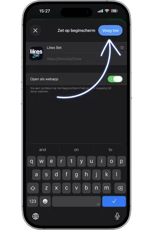 Selecteer de likes bet app optie "Voeg toe aan beginscherm" of "Add to Home Screen" in het menu van je browser.